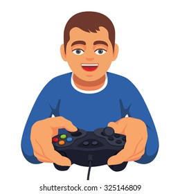 Teen boy gaming with gamepad controller. Closeup of joystick holding in hands. Flat style vector illustration isolated on white background.