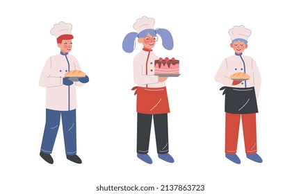 Teen Boy and Girl Chef in White Toque and Jacket Holding Fresh Baked Bread and Cake Vector Set