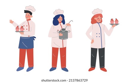 Teen Boy and Girl Chef in White Toque and Jacket Holding Plate with Sweet Cupcake and Pot with Ladle Vector Set