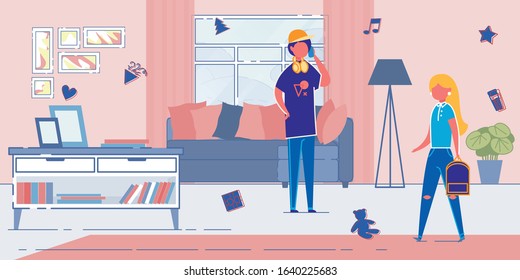 Teen Boy and Girl Coming Back Home after School Lessons. School Children Cartoon Characters in Nursery Room Interior. Resting, Leisure Joy and Free Time after Classes. Flat Vector Illustration.
