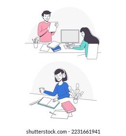 Teen Boy and Girl Doing Homework Sitting at Desk Studying with Book and Copybook Vector Set