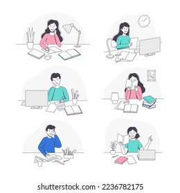 Teen Boy and Girl Doing Homework Sitting at Desk Studying with Book and Computer Vector Set