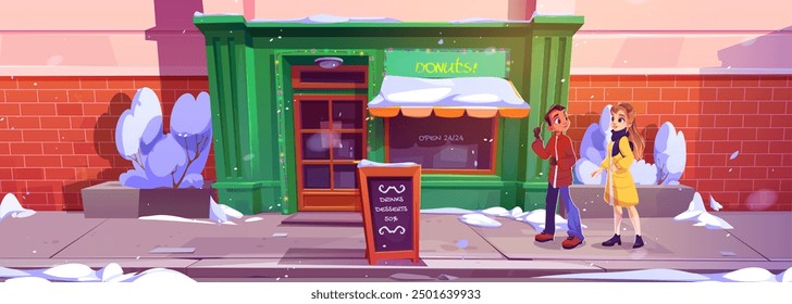 Teen boy and girl friends walk on city street near donut shop facade. Cartoon vector illustration of children on urban pedestrian go to bakery store and cafe. Winter town landscape with people.