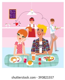 Teen Boy and girl having lunch and dating in a school cafe. Couple friends in college cafe. vector illustration. 