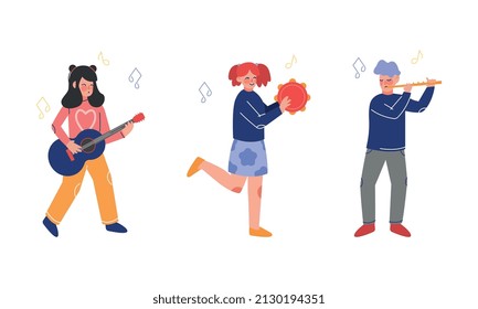 Teen Boy and Girl Playing Flute and Guitar as Talented Musician Character Vector Set