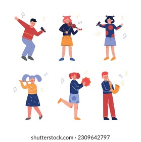 Teen Boy and Girl Playing Musical Instrument as Talented Musician Character Vector Set