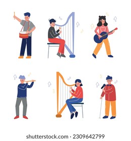 Teen Boy and Girl Playing Musical Instrument as Talented Musician Character Vector Set