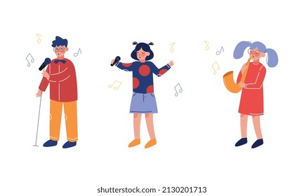 Teen Boy and Girl Playing Saxophone and Singing Song as Talented Musician Character Vector Set