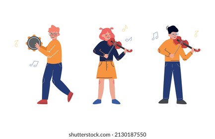 Teen Boy and Girl Playing Violin and Tambourine as Talented Musician Character Vector Set