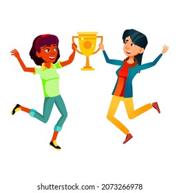 Teen boy girl with trophy cup. school gold medal. young kid. contest student. vector character flat cartoon Illustration