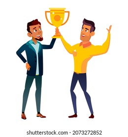 Teen boy girl with trophy cup. sport competition award. victory person. lifestyle celebration. vector character flat cartoon Illustration