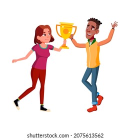 Teen boy girl with trophy cup. pedestal winner champion. achievement reward. smiling kid. vector character flat cartoon Illustration