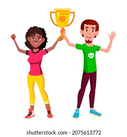 Teen boy girl with trophy cup. teenager champion prize. happy reward. successful triumph. vector character flat cartoon Illustration