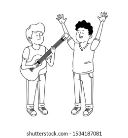 teen boy with a guitar and excited boy standing over white background, vector illustration