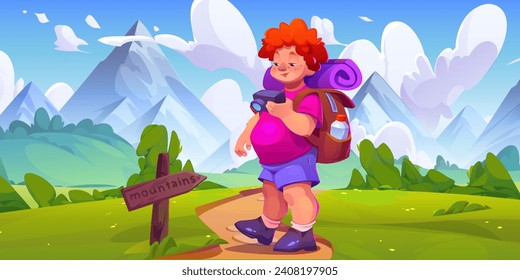 Teen boy with hiking backpack and equipment looking at his photography camera as he stands on path in foot of mountains. Cartoon summer landscape with young tourist and photographer walking to hills