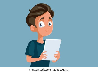 Teen Boy Holding Computer Tablet Vector Cartoon. Young teenager distance learning and communicating using a touch pad
