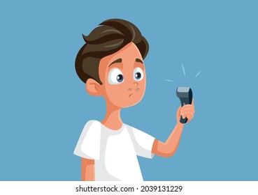 Teen Boy Holding an Electric Razor Vector Illustration. Confused young teenager trying to figure out shaving with electric tool

