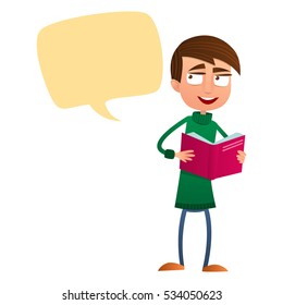 Teen boy holding an open book paper with speech clouds in flat design style.