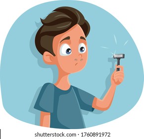 Teen Boy Holding Razor for First Shave Vector Cartoon. Teenager thinking about shaving stepping into boyhood
