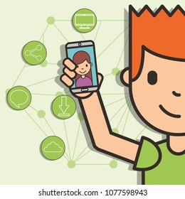 teen boy holding smartphone girl on screen connected social media