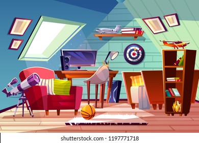 Teen Boy Kid Attic Room Interior Vector Illustration. Comfortable Bedroom Furniture, Bookshelf Or Computer Table And Armchair With Darts Board And Ball On Carpet, Telescope At Window