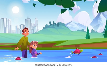 Teen boy and kid girl standing in river with blue water and fishes in forest outside city and silhouette of wild wolves on hill. Scary children walking in park near danger animals on summer day.