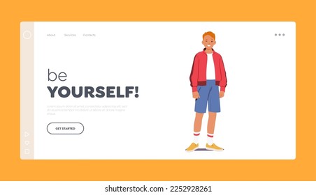 Teen Boy Landing Page Template. Cheerful Redhead Teenager Wink Eye Standing Full Height. Young Male Character Wearing Jacket, Shorts and Sneakers with Socks. Cartoon People Vector Illustration