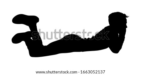 Teen boy in love lying on the ground and thinks about girl vector silhouette isolated on white background. Daydream kid after school. Carefree child enjoy in summer day. Lazy boy sleeping and dream.