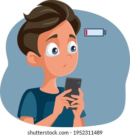 Teen Boy with Low Battery Anxiety Vector Cartoon. Teenager feeling anxious with fear of missing out if Smartphone runs out of electric power
