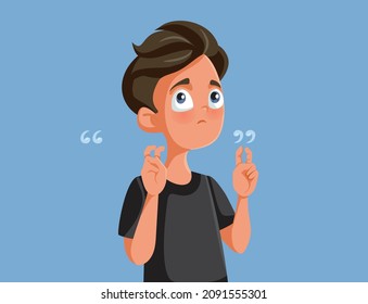 Teen Boy Making Air Quote Sign Vector Cartoon Illustration. Young Person Using Hand Gesture To Imply Sarcastic Quoting 
