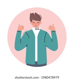 Teen Boy Making Two Thumbs Up Gesture, Teenager Expressing Positive Emotions, Nonverbal Communication Concept Cartoon Vector Illustration