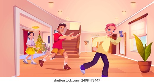 Teen boy with mobile phone in hand run away from angry another guy in home hall room interior. Cartoon vector illustration of teenagers prank or quarrel. Laughing girl with balls in hand look at boys.