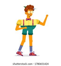 Teen boy nerd angry and waving fists. Well-mannered boy with bow tie attacks or defends himself from the offender, vector.