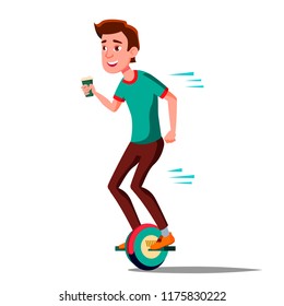Teen Boy On Hoverboard Vector. Riding On Gyro Scooter. One-Wheel Electric Self-Balancing Scooter. Positive Person. Isolated Illustration
