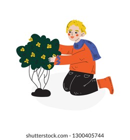 Teen Boy Planting Flowering Plant, Kids Spring or Summer Outdoor Activity Vector Illustration