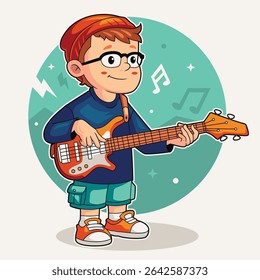 Teen Boy Playing Bass Guitar Solo