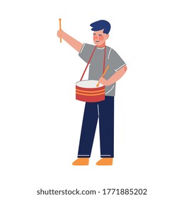 Teen Boy Playing Drum Musical Instrument, Young Talented Male Musician Character Vector Illustration on White Background