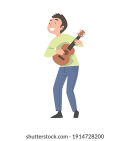Teen Boy Playing Guitar, Talented Child Having Fun with Musical Instrument Cartoon Style Vector Illustration