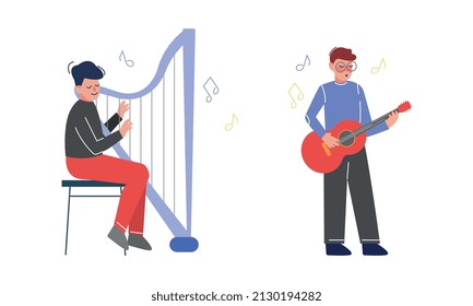 Teen Boy Playing Harp and Guitar as Talented Musician Character Vector Set