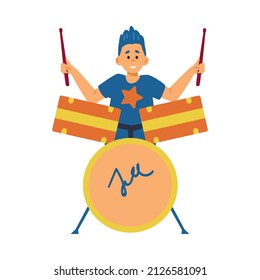 Teen boy playing music on drums. Children music education learning to play musical instruments, cartoon flat vector illustration isolated on white background.