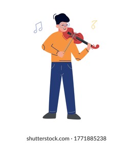 Teen Boy Playing Violin Musical Instrument, Young Talented Violinist Musician Character Vector Illustration On White Background