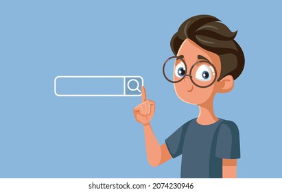 
Teen Boy Pointing to Search Bar Vector Cartoon. Student accessing the internet learning new information and researching for an assignment 
