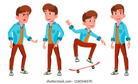 Teen Boy Poses Set Vector. Caucasian, Positive. For Presentation, Print, Invitation Design. Isolated Cartoon Illustration