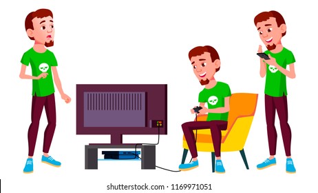 Teen Boy Poses Set Vector. Cute, Comic. Joy. For Postcard, Announcement, Cover Design. Isolated Cartoon Illustration
