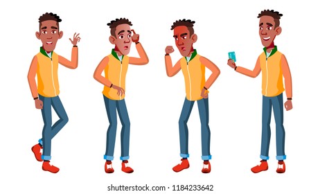 Teen Boy Poses Set Vector. Black. Afro American. Pretty, Youth. For Postcard, Announcement, Cover Design. Isolated Cartoon Illustration
