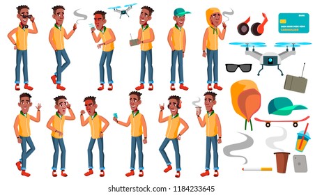 Teen Boy Poses Set Vector. Black. Afro American. Caucasian, Positive. For Presentation, Print, Invitation Design. Isolated Cartoon Illustration