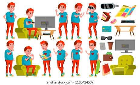 Teen Boy Poses Set Vector. Red Head. Fat Gamer. Fun, Cheerful.  For Web, Poster, Booklet Design. Isolated Cartoon Illustration
