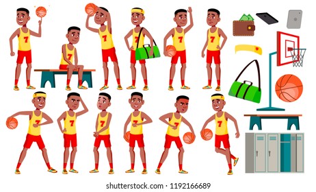 Teen Boy Poses Set Vector. Black. Afro American. Activity, Beautiful.  For Postcard, Cover, Placard Design. Isolated Cartoon Illustration