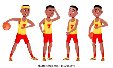 Teen Boy Poses Set Vector. Black. Afro American. Cute, Comic. Joy. For Postcard, Announcement, Cover Design. Isolated Cartoon Illustration