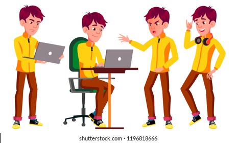 Teen Boy Poses Set Vector. Funny, Friendship. Laptop, Music. For Advertisement, Greeting, Announcement Design. Isolated Cartoon Illustration